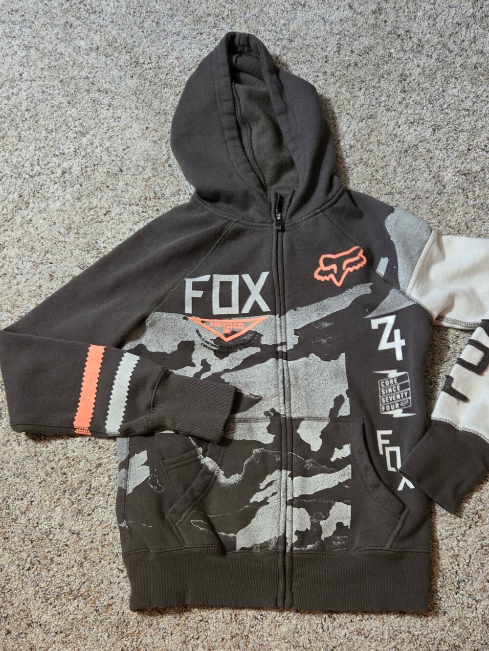Fox Hoodie with Gray Camo & Orange Accents Small